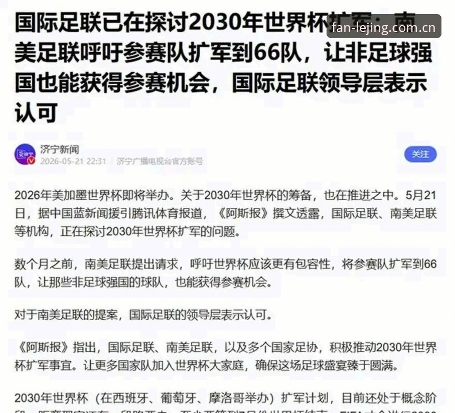 2030世界杯扩军至66队全面解析：中国足球迎来历史性机遇与挑战